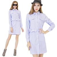 秋季新品女装倪妮明星同款连衣裙蓝白竖条纹衬