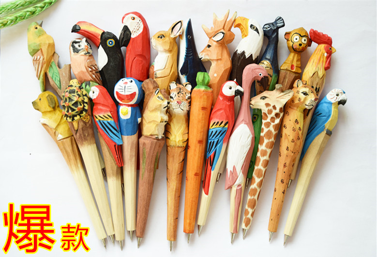 创意木质工艺笔 可爱森林系动物笔 纯手工雕刻