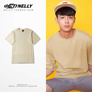 2017夏季韩版大码男装宽松短袖T恤条卡其色半袖纯棉上衣体恤 杏色