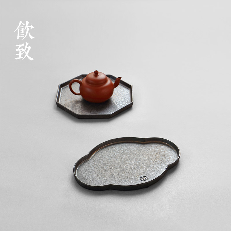 饮致 窑变茶盘鎏金茶海陶瓷干泡茶盘壶承功夫茶具粗陶养壶托茶海