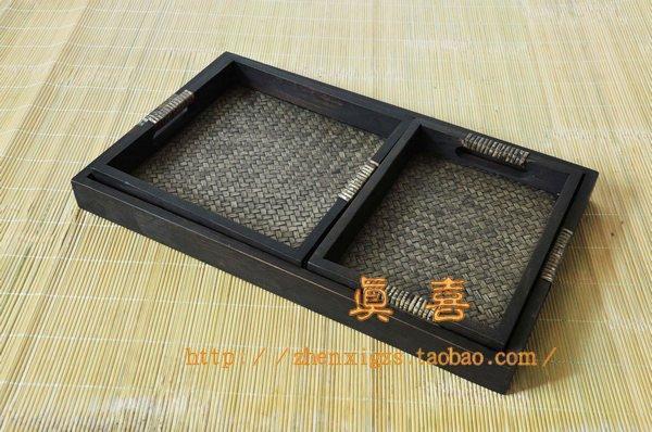 包邮泰国进口藤编收纳实木茶具托盘茶盘 长方形木制竹托盘三件套