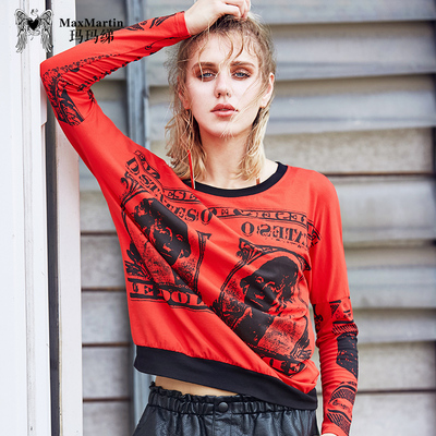 玛玛绨2017春装新款白色图案T恤女长袖欧美风