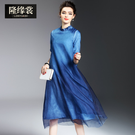 隆缘裳2017春装新款女复古立领渐变色中长款真丝假两件连衣裙1556商品大图