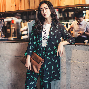 韩版修身大码中长款印花小西装