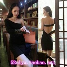 单袖 斜肩露背长袖 连衣裙潮 显瘦修身 新款 性感夜店女装 韩版 2014秋装