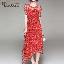 印花连衣裙真丝裙2017女夏新款朵拉芭娜欧洲站圆领短袖不规则长裙图片