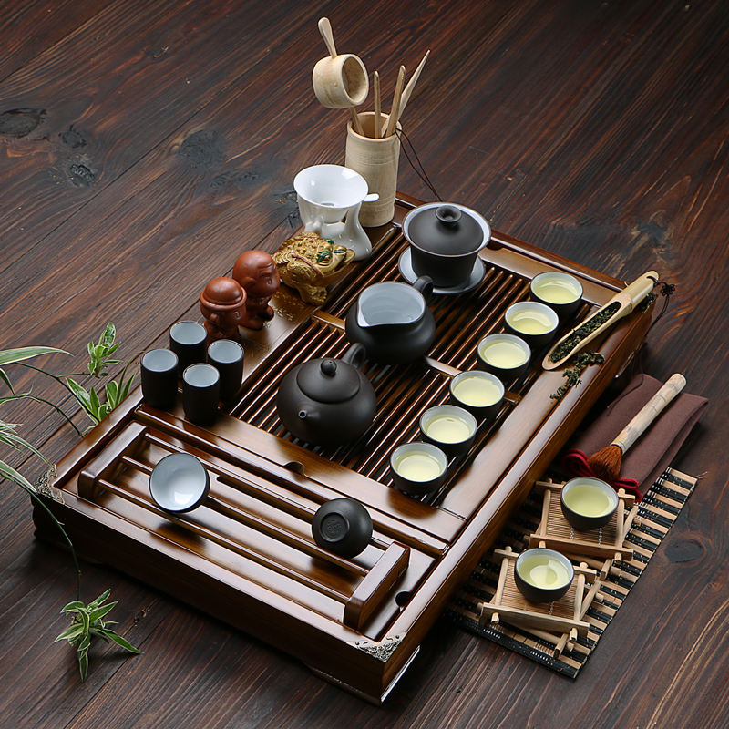 包邮 功夫茶具 实木茶盘套装 宜兴紫砂茶具套装 冰裂汝窑茶具套装