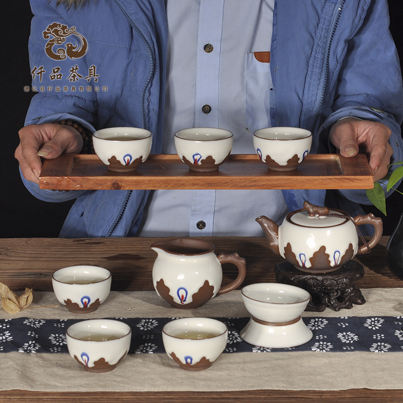 潮汕茶道象牙白窑变复古流釉茶具 如意壶茶具  整套功夫套装