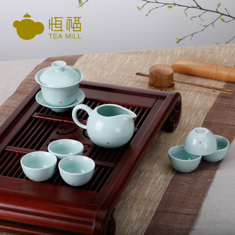 恒福陶瓷茶具套装 龙泉青瓷功夫茶具高档礼盒套装 吉羊盖碗半组