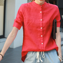 2017秋装新款韩版女装短袖宽松直筒立领棉麻衬衫女红色白色衬衣
