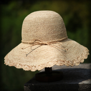 [特价]山茶树拉菲草帽子纯手工勾针海边大沿帽夏天防晒遮阳帽女草帽可