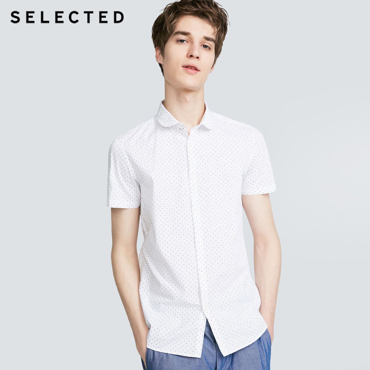 selected思莱德印花伊顿领男士短袖衬衫|416204039
