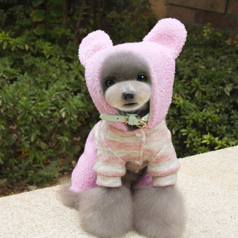 条纹绒衣比熊猫咪带帽四脚春秋博美幼犬小型犬贵宾斗牛柯基猫衣服