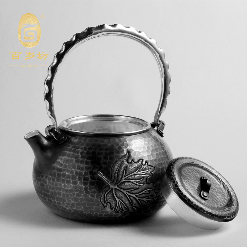 百岁坊纯手工足银壶 丽江日系设计壶雪花银手工壶 年货礼品春节礼