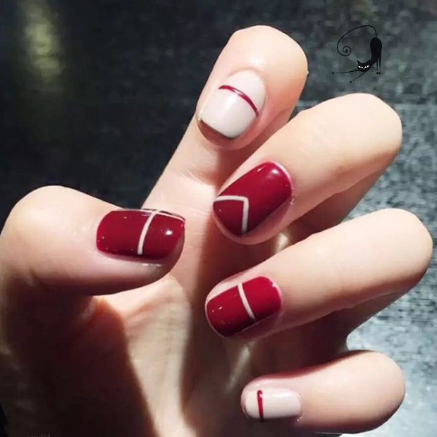 日系光疗 酒红加裸色极简线条 美甲成品手工手绘甲片假指甲贴