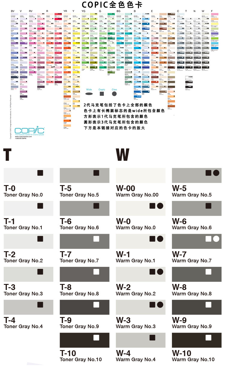 日本copic sketch二代马克笔 专业漫画手绘 软头马克笔 t和w色系