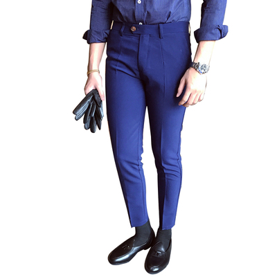 韩国东大门修身小脚休闲西裤男士英伦韩版长裤宝蓝色弹力免烫裤子