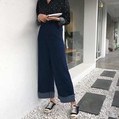 秋装新款港味韩版时尚高腰毛边宽松裤脚卷边牛仔裤气质阔腿裤女