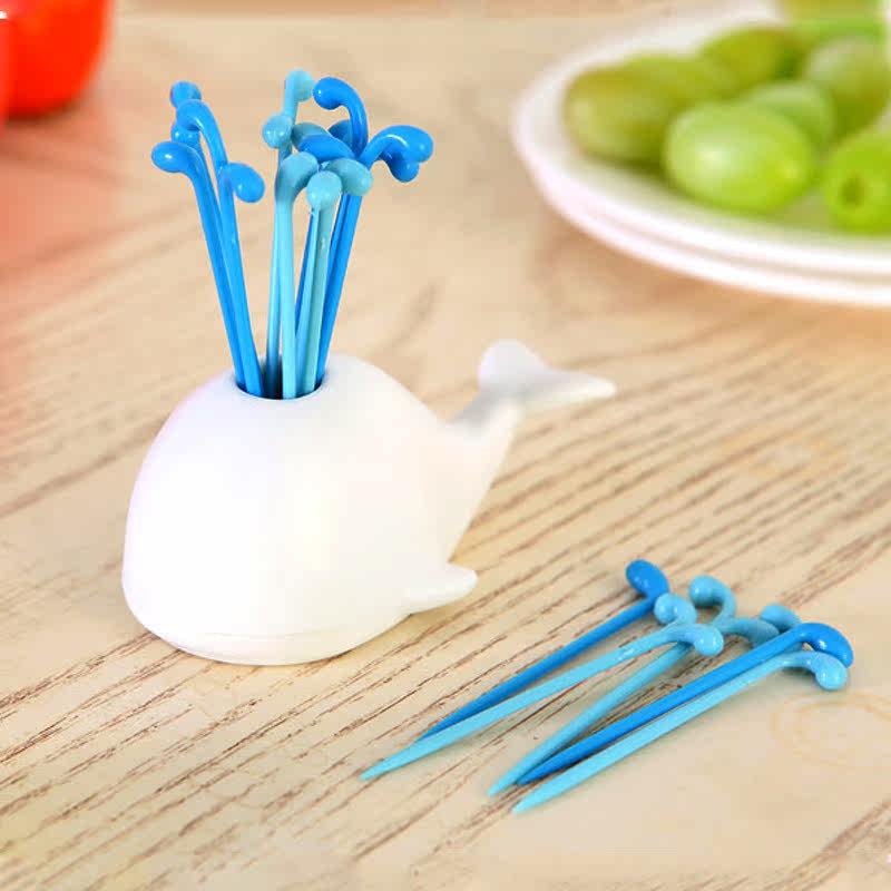 可爱白鲸喷水水果叉套装 创意卡通动物鲸鱼水果签时尚儿童小叉子