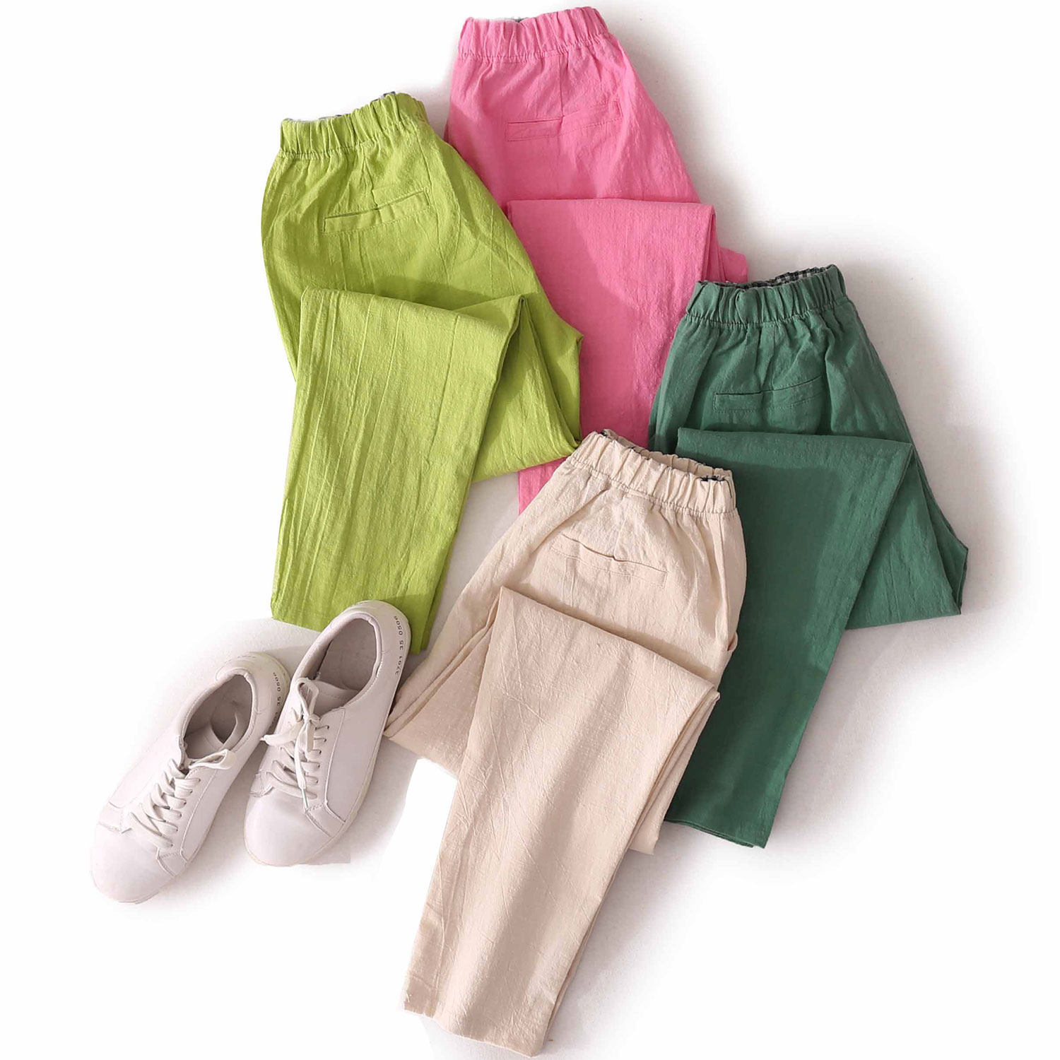 a-81糖果色亚麻休闲裤女松紧腰九分裤春夏新款宽松小脚裤子7b533