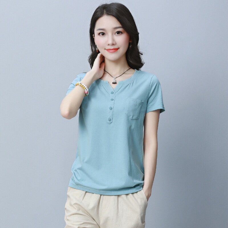 民族风全棉短袖t恤女中款夏季宽松显瘦圆领拼接唐装体恤汗衫女夏