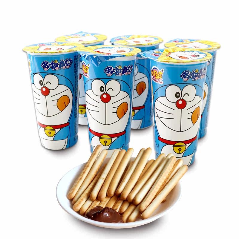 添乐卡通王哆啦a梦杯蘸酱饼干条50g*6杯儿童创意零食食品手指饼