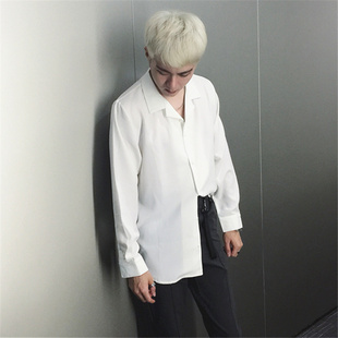 2017春夏新款韩版睡衣风长袖衬衫潮男爆款东大门透气雪纺宽松衬衣