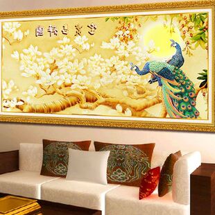 促销精准印花十字绣新款客厅大幅风景花草孔雀吉祥图3d十字锈5d钻