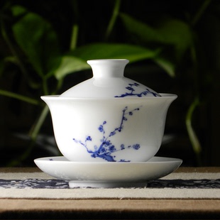 景德镇手绘陶瓷盖碗釉下彩功夫茶具泡茶分茶碗青花瓷器三才子包邮