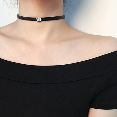s925纯银太阳花choker项圈黑色项链女锁骨链日韩脖子上的饰品颈带