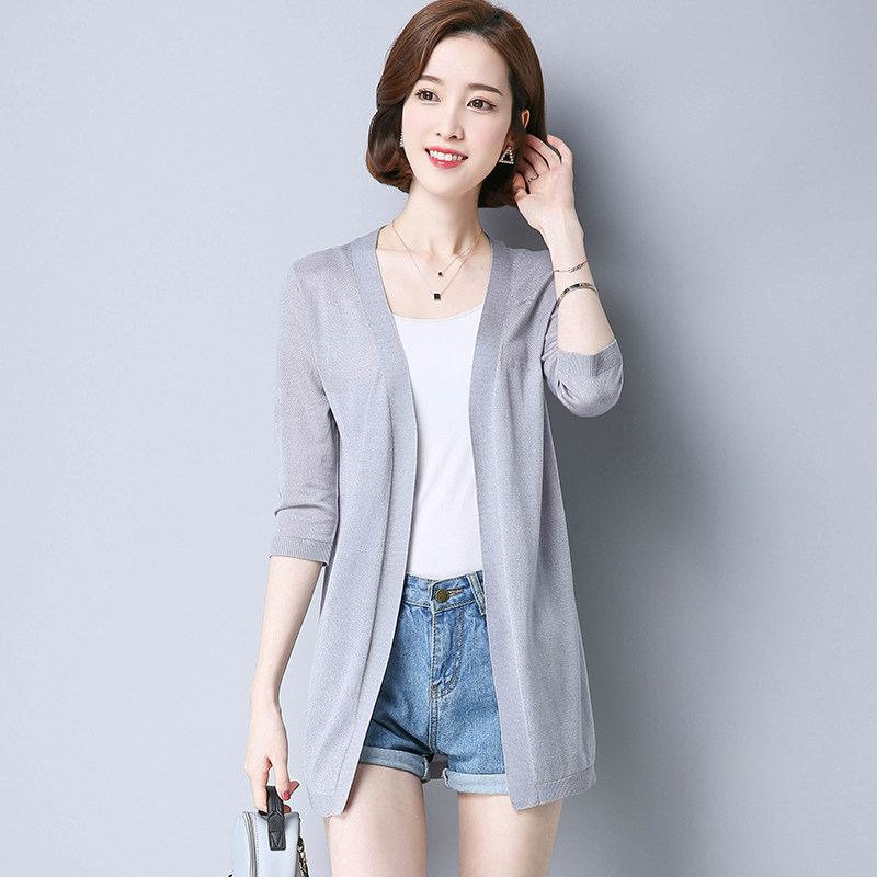 2017夏季新款薄款外搭中长款冰丝针织衫女开衫外套中款披肩空调衫