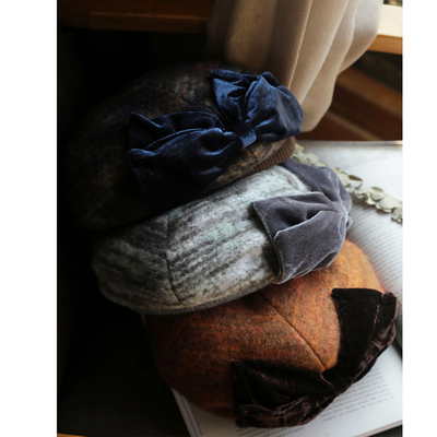 lion~华尔兹 复古丝绒蝴蝶结羊毛混纺渐变贝雷帽蓓蕾帽画家帽