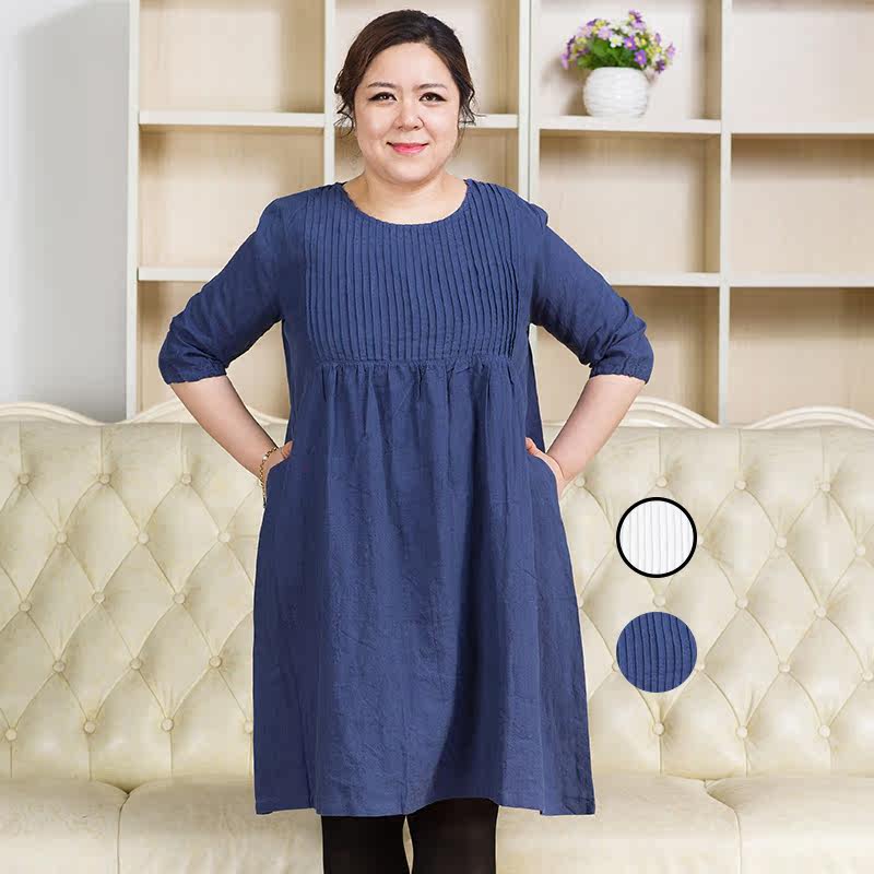肥胖女装夏装棉麻连衣裙特大码200斤加肥加大号娃娃领亚麻衬衫裙