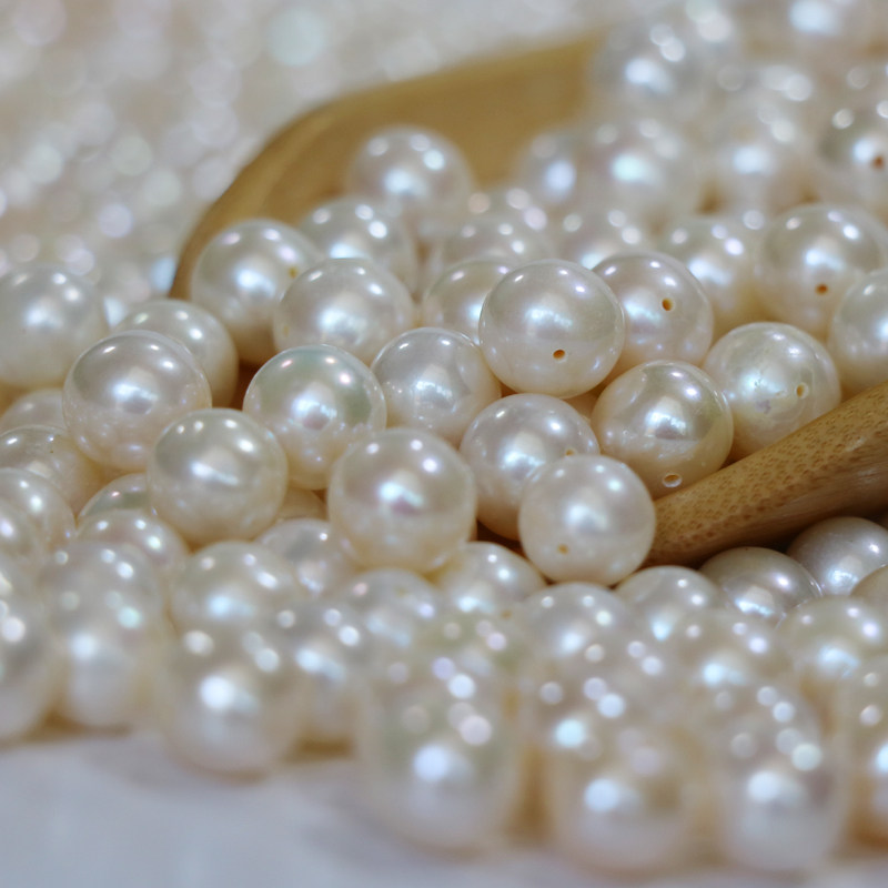 天然淡水珍珠颗粒珠散珠diy手工正圆无暇极强光称斤半孔堪比akoya