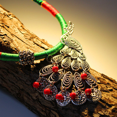 云南手工蜡绳孔雀项链 女式短款首饰 旅游纪念 民族风服饰配饰