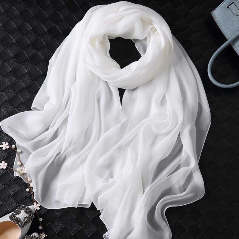 【超仙】女春秋桑蚕丝围巾 纯色真丝丝巾 百搭纱巾 长款白色丝巾