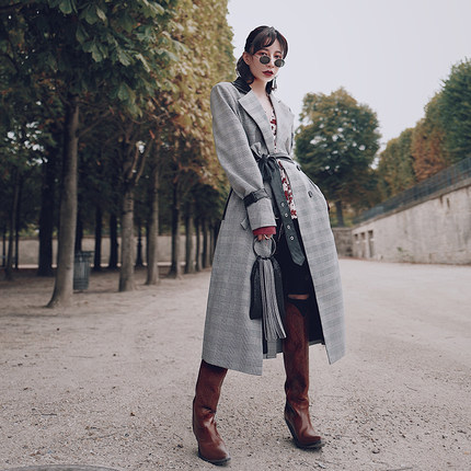 lamps女装 2017新款卡其色风衣 棉麻宽松简约中长款春秋季外套女_不