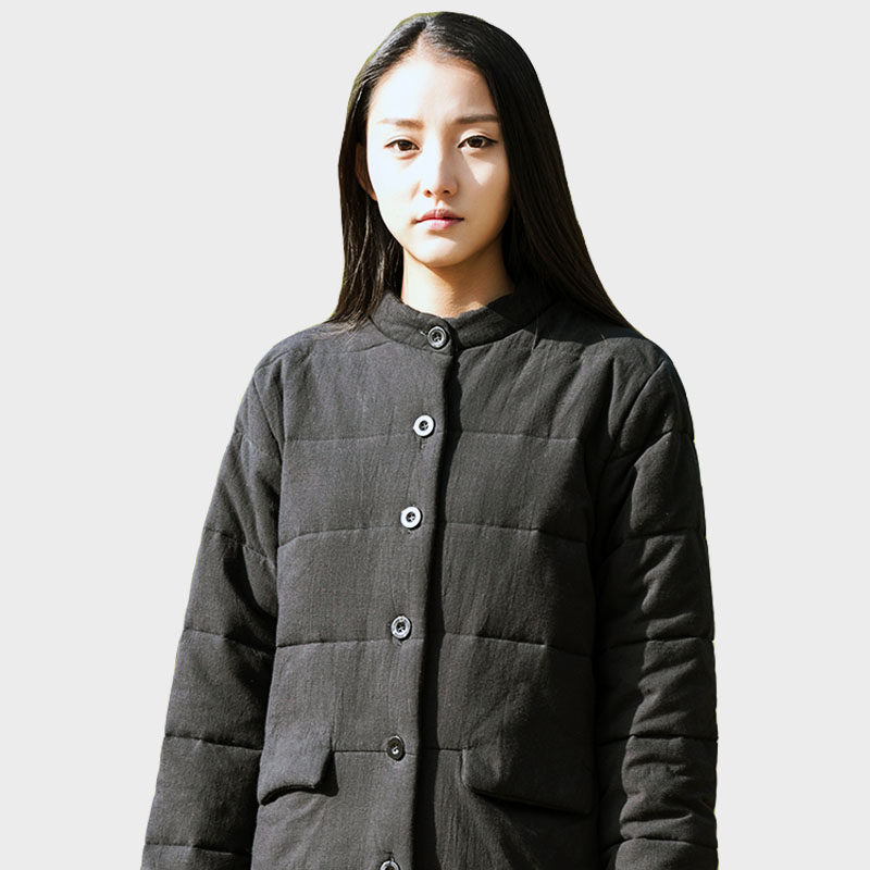 原创棉麻棉衣女中长款加厚纯色立领纯棉亚麻简约气质夹棉外套棉袄