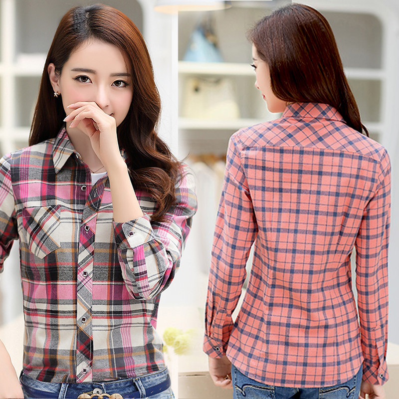 2015新款春秋冬长袖女士方格衬衫纯棉格子大码衬衣品牌加肥加大码