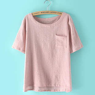 t恤 自然褶皱麻小清新日式麻纱口袋棉麻t恤女宽松短袖衬衫 f8百搭随性