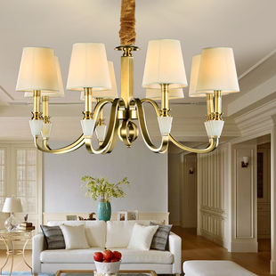 美式全铜吊灯客厅灯具简约复古田园铜灯饰大气餐厅卧室布艺铜灯