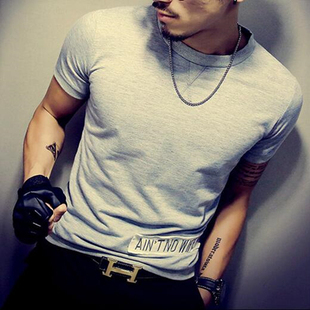 夏装韩版雅痞男士t恤短袖大码夜店猛男纯色复古上衣百搭潮流体恤