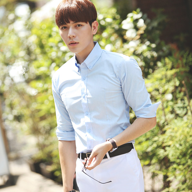 春季新款韩国代购男士长袖衬衫潮男韩版百搭竖条舒适衬衫y-sh047