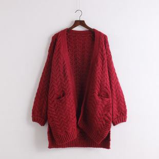 秋冬新款纯色中长款加厚宽松羊毛针织毛衣外套开衫女复古麻花韩版