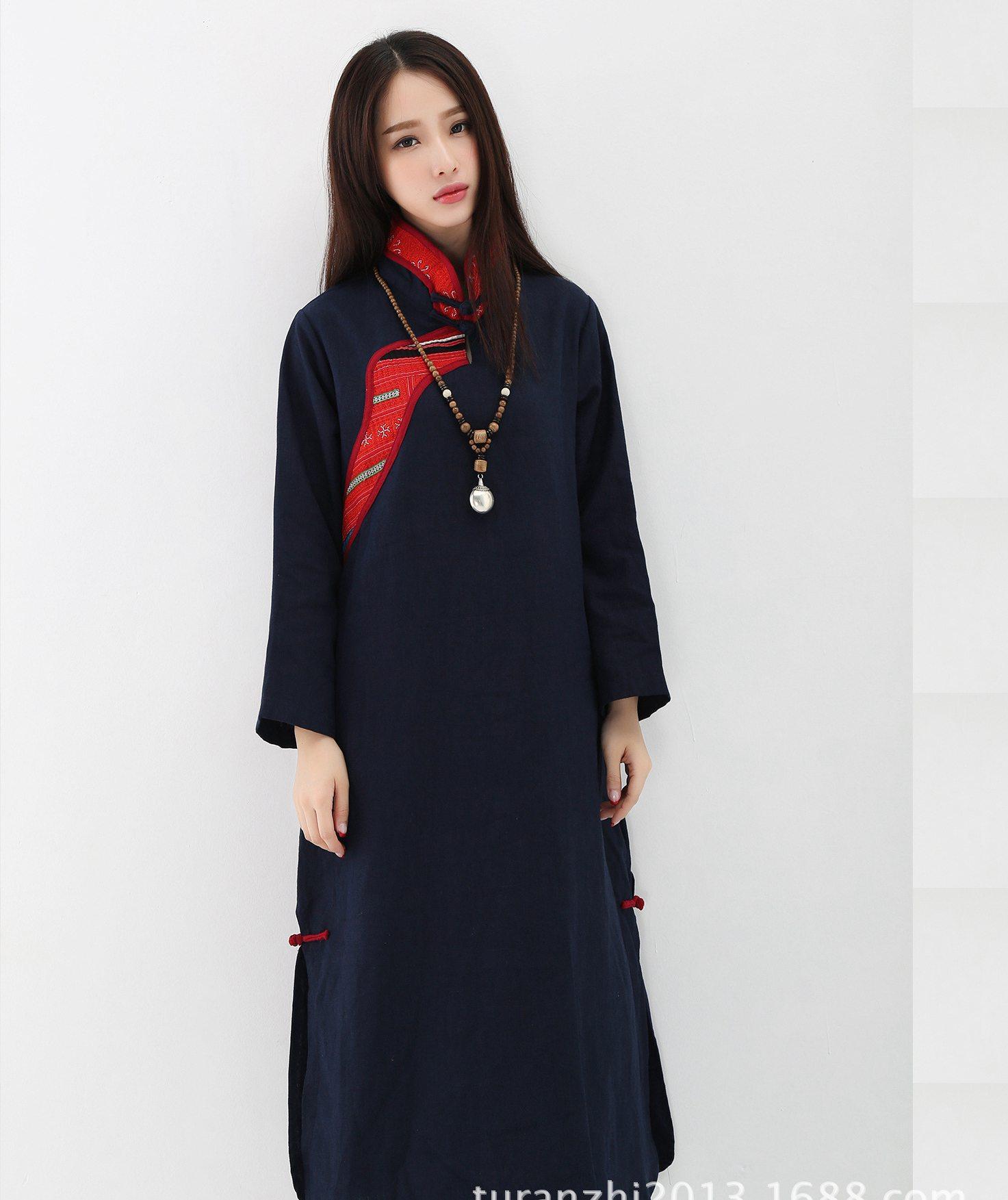 原创民族风女装 秋冬女士棉麻盘扣连衣裙长裙 老绣片禅意长袍袍子