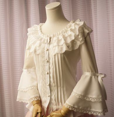 2015夏日系木耳蕾丝蝴蝶结喇叭七分袖姬袖公主甜美雪纺修身衬衫女