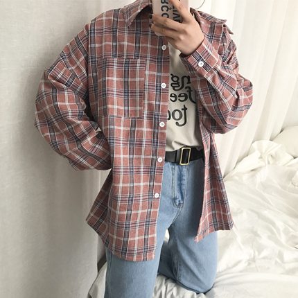 韩国ulzzang宽松蓝色格子开衫衬衣女潮百搭原宿bf风休闲长袖衬衫_不