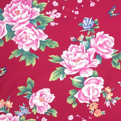 原创中国风全棉布料东北大花布面料服装民族风大花布料-紫红牡丹