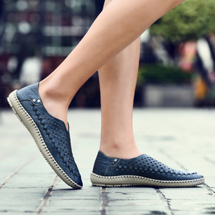 夏透气镂空豆豆鞋九分裤男士休闲鞋男韩版搭配小脚裤牛仔短裤男鞋