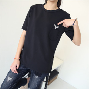 柔软内加绒面料鲸鱼尾巴口袋圆领t恤女冬打底衫 2016春季新款